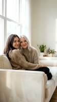 Mother and adult daughter embracing on couch in bright living room wearing matching beige sweaters for family bonding and generational love concepts.