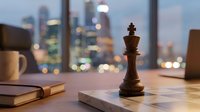 A wooden chess piece stands on a marble desk in a modern office with blurred city skyline visible through windows, symbolizing strategy, leadership, and business planning for corporate environments.