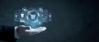 Business hand presenting digital shopping cart interface with ecommerce icons for online retail technology and digital marketing solutions.