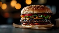 Gourmet beef burger with fresh lettuce, tomato and cheese on sesame seed bun. Restaurant quality fast food photography with warm bokeh lighting background.