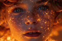 Close-up portrait of young person with freckles and blue eyes surrounded by magical golden light particles and warm orange glow.