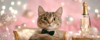 Tabby cat wearing bow tie lounging in golden chair with champagne bottle and festive bokeh lights on pink background, celebration and party concept.
