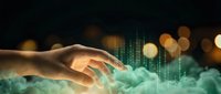Human hand reaching toward glowing digital cloud with matrix code streams and bokeh lights representing cloud computing technology and data access.