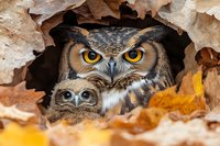 Great horned owl with owlet nestled in tree hollow surrounded by autumn leaves, intense yellow eyes and protective stance create dramatic wildlife scene.