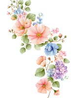 Delicate floral arrangement with peach cosmos, blue hydrangeas, and soft pink blossoms on white background, suitable for wedding stationery and romantic designs.