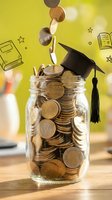 Glass jar filled with coins topped with graduation cap symbolizing education savings and scholarship funding for college tuition expenses.