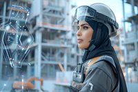 Woman engineer wearing safety helmet and dark uniform with equipment, interacting with holographic digital interface in modern industrial facility with blurred cityscape background.