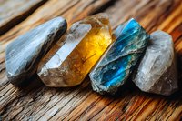 Raw healing crystals and minerals in natural form on rustic wooden surface, featuring amber, blue apatite, clear quartz and grey stones in spiritual arrangement.