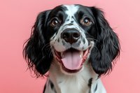 Happy English Springer Spaniel with black and white fur smiling at camera against pink background, showing friendly expression and pink tongue.