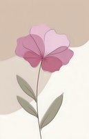 Minimalist line art flower in pink and sage green tones on beige background, featuring delicate petals and leaves in contemporary abstract style.
