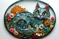 Decorative oval artwork featuring stylized cat with swirling turquoise patterns surrounded by colorful daisies and flowers in folk art style on light background.