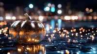 Glowing glass pumpkin on wet surface with bokeh lights in background creates magical autumn atmosphere, suitable for Halloween and fall season designs.