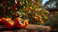 Ripe persimmons on rustic wooden table with blurred orchard background, warm autumn colors create seasonal harvest atmosphere.