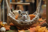 Adorable hamster relaxing in rope hammock surrounded by autumn leaves and decorative elements, creating cozy fall atmosphere for seasonal pet photography.