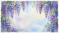 Watercolor wisteria flowers frame with purple blooms and green leaves on soft gradient background for spring wedding invitations and floral designs.