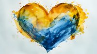 Watercolor heart shape in vibrant yellow and deep blue tones with artistic splatters and fluid transitions, painted on white paper background. Suitable for greeting cards.
