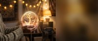Hands holding glowing tree of life symbol in cozy home interior with warm lighting for mindfulness meditation and spiritual wellness concepts.