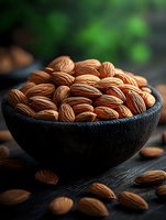 Fresh raw almonds in black ceramic bowl on dark wooden background with natural green bokeh, macro food photography for healthy eating concept.