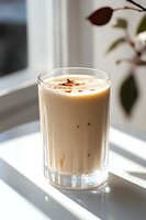 Creamy iced latte with chocolate sprinkles in tall glass on white windowsill, soft natural lighting casting shadows, minimalist drink photography.