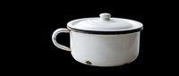 Vintage white enamel cooking pot with lid and handles, isolated on transparent background. Ready for design use on t-shirts, clipart, stickers, print-on-demand products, and sublimation projects.
