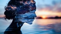 Female silhouette profile double exposure with ocean waves and sunset sky, artistic portrait showing inner peace and connection with nature. Creative photography concept.