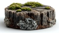 Weathered tree stump with green moss and lichen growing on top and sides, isolated on white background for nature, gardening, and environmental projects.