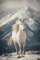 White horse running through snowy mountain landscape with flowing mane against dramatic alpine peaks backdrop for nature and wildlife photography.