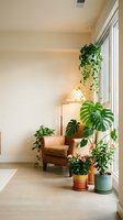 Cozy reading corner with leather armchair surrounded by lush houseplants near large window in modern minimalist living room interior design.