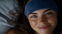 Young Caucasian woman with blue headband smiling peacefully while lying in bed, representing wellness, self-care, and healthy morning routine lifestyle.