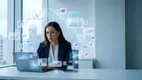 Professional businesswoman analyzing digital data analytics and charts on laptop in modern office environment with holographic interface elements.