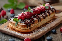 Fresh raspberry eclair with dark chocolate drizzle and mint garnish on wooden board, dusted with powdered sugar. Layered pastry dessert with berries.