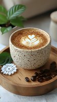 Creamy cappuccino with latte art heart pattern in speckled ceramic cup on wooden tray, decorated with coffee beans, crochet coaster and green leaves.