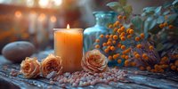 Cozy autumn still life with burning aromatic candle, peach garden roses and orange berries on rustic wooden surface, perfect for seasonal home decor and wellness atmosphere.