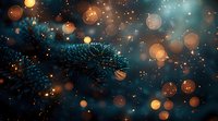 Magical winter evening with snowy pine branches against dark sky, glowing golden bokeh lights creating dreamy atmosphere. Perfect for holiday designs.