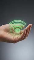 Hands holding glowing green wifi signal with security lock icon representing secure wireless internet connection and cybersecurity protection.