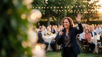 South Asian woman in dark blazer speaking at outdoor evening event, waving to crowd at elegant garden party with string lights.