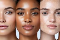 Close up portraits of diverse women with different skin tones and natural beauty showing facial features, freckles and glowing complexion. Makeup and cosmetics concept.