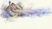 Watercolor painting of charming Tudor cottage with timber framing surrounded by purple lavender fields in countryside landscape for home decor and wall art.
