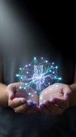 Hands holding glowing lightbulb with digital network connections representing innovation, creativity and bright ideas for business technology solutions.