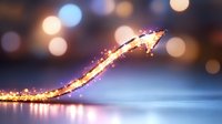 Glowing golden arrow trajectory with magical sparkles and light particles rising upward against blurred bokeh background, representing growth and success.
