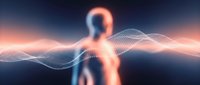 Glowing human silhouette with energy waves flowing through body, representing wellness, healing, and spiritual connection for health and meditation concepts.