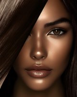 Close-up portrait of young mixed race woman with glowing bronze makeup, glossy brown lips, and dark flowing hair against dark background.