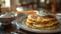 Stack of golden homemade pancakes topped with whipped cream and fresh herbs on vintage plate, served with extra cream in decorative bowl on wooden table.
