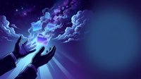 Hands reaching toward magical glowing clouds with stars in mystical blue purple night sky for fantasy gaming and spiritual concepts.