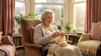 Senior woman with white hair knitting in cozy armchair by sunny window, peaceful retirement lifestyle at home with plants and warm natural lighting.