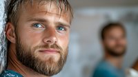 Confident Caucasian male with beard and blue eyes looking away thoughtfully against blurred background. Professional headshot style portrait showing genuine expression.