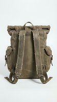 Vintage military style canvas backpack with roll-top closure and leather accents isolated on white background for outdoor adventure and travel gear designs.
