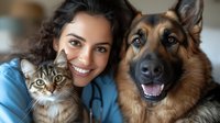 Young mixed-race woman veterinarian smiling with German Shepherd dog and tabby cat in clinic. Professional pet care and animal health concept.