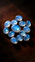 Collection of rainbow moonstone cabochons with blue flash adularescence on dark wooden surface for jewelry making and gemstone crafts.