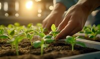 Hands gently tending to young seedlings in growing tray with rich soil and soft bokeh background lighting, capturing sustainable gardening and plant cultivation process.